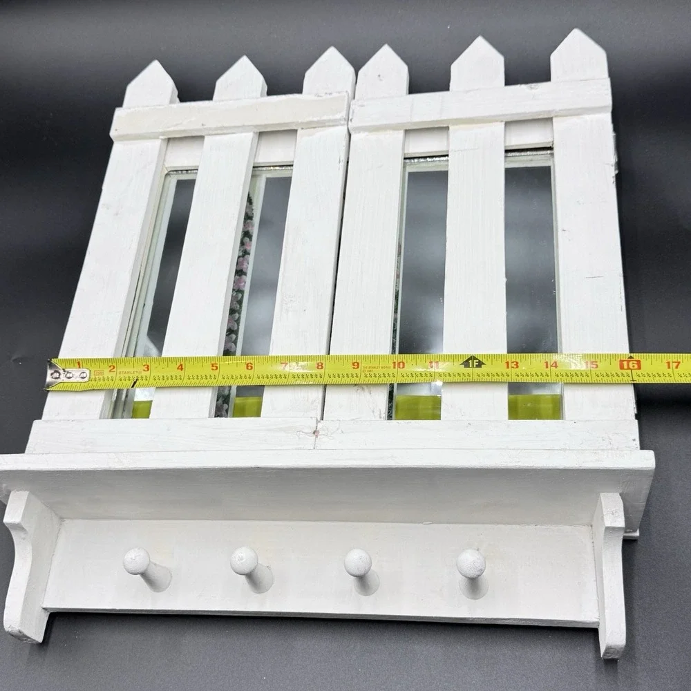 VTG Cottagecore Tri-Fold Mirror‎ Shelf W/pegs Decorative Wood Wall Hanging Shelf